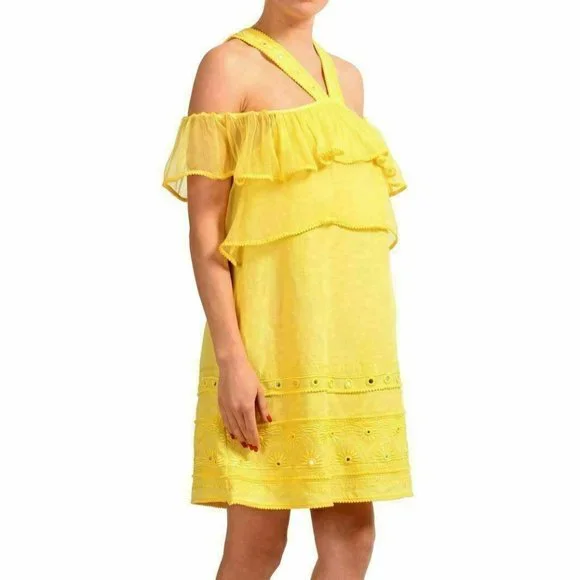 Just Cavalli Women's Linen Yellow Sleeveless Sheath Dress US S IT 40